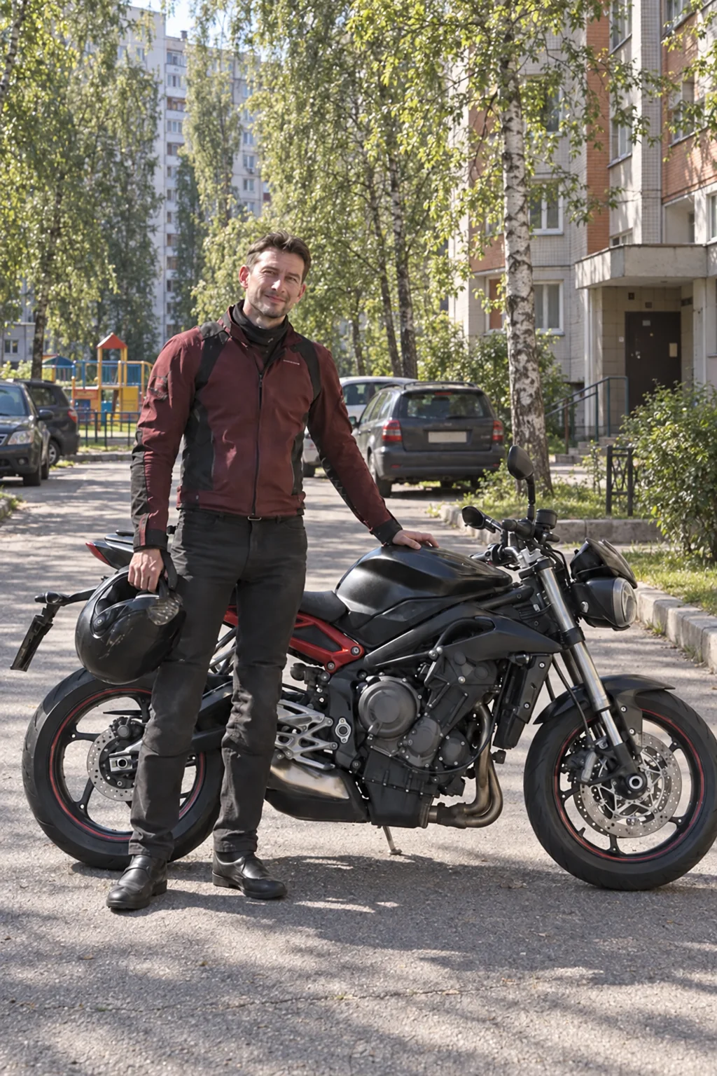 Роман Беляев рядом с личным Triumph Street Triple во дворе Приморского района