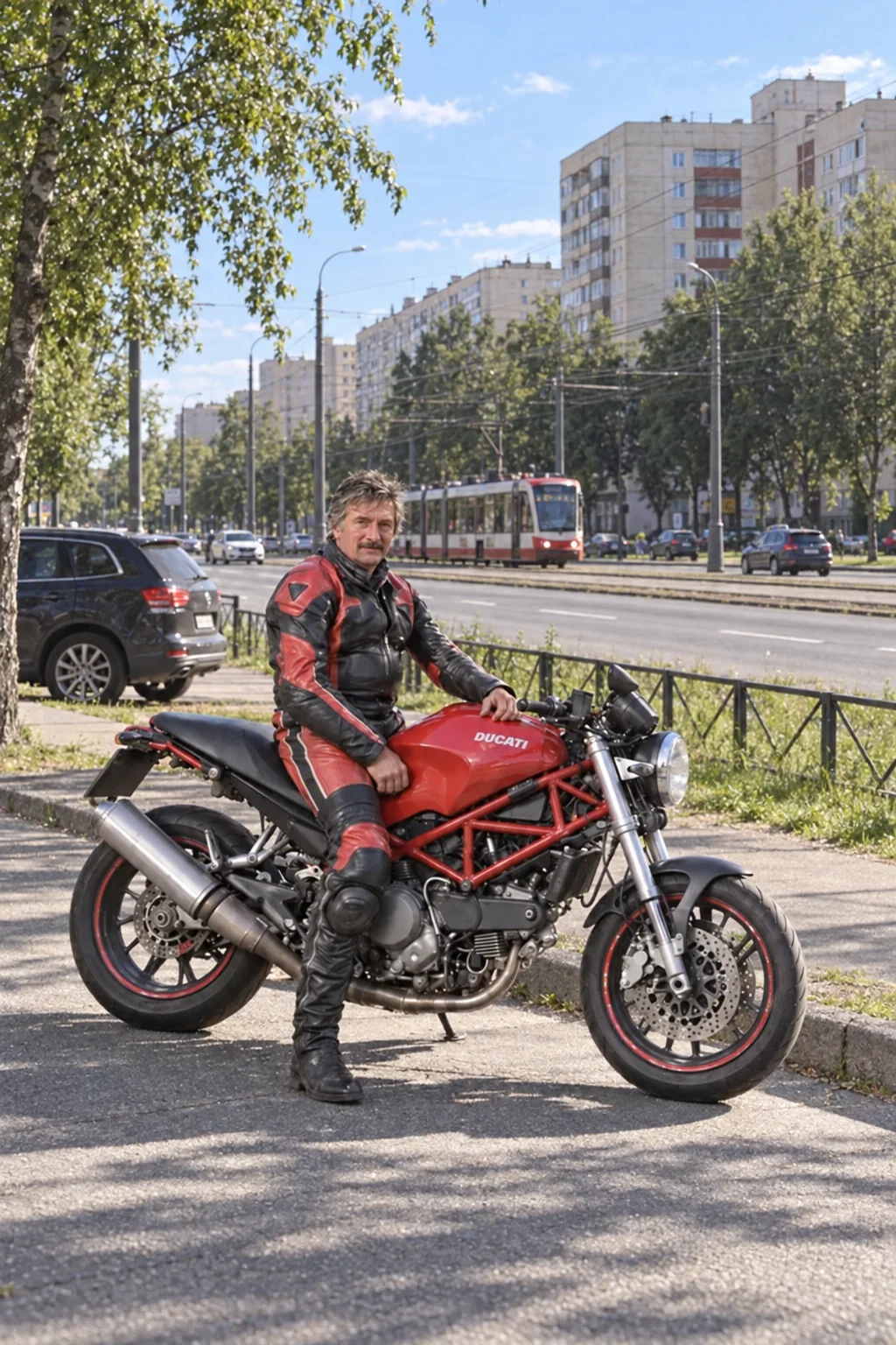 Антон Филиппов на личном Ducati на проспекте Просвещения