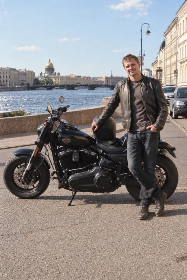 Максим Кузнецов рядом с личным Harley-Davidson на набережной Санкт-Петербурга