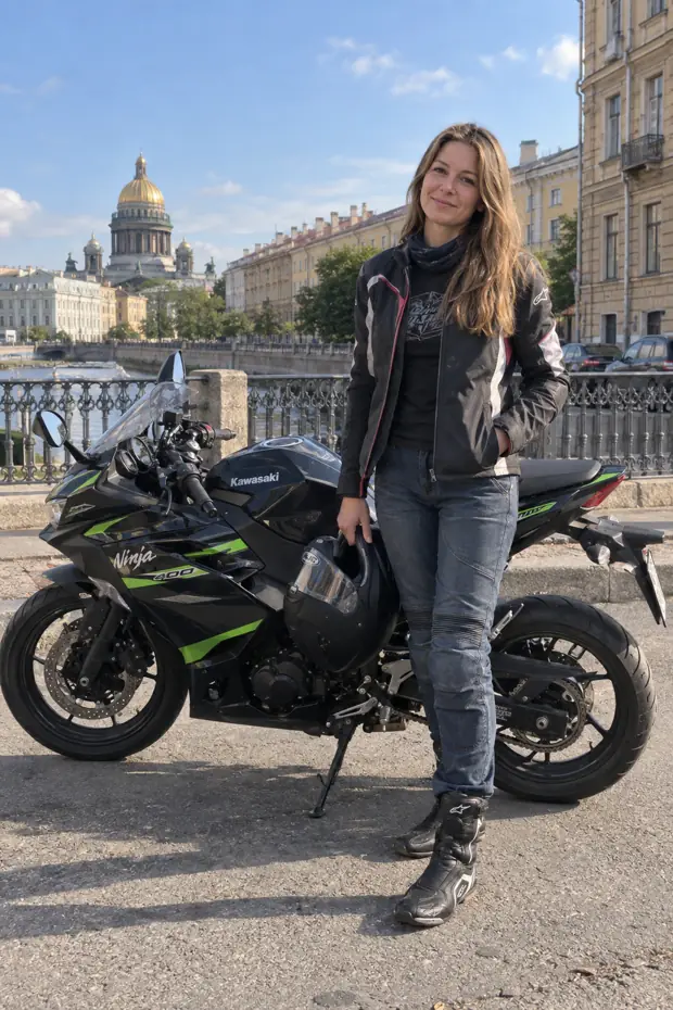 Екатерина Морозова рядом с личным Kawasaki Ninja 400 в Санкт-Петербурге