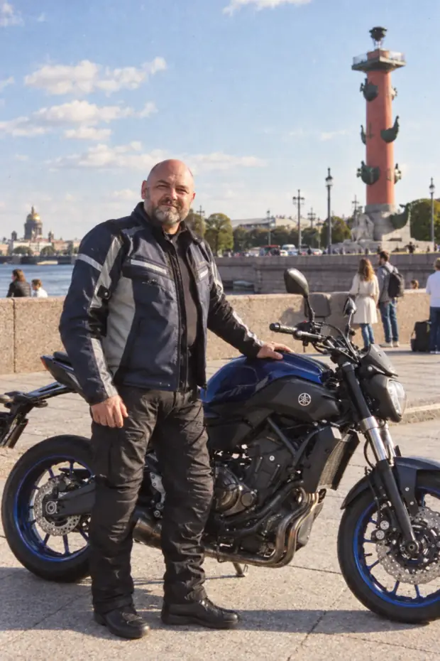 Александр Петров рядом с личным Yamaha у Ростральной колонны